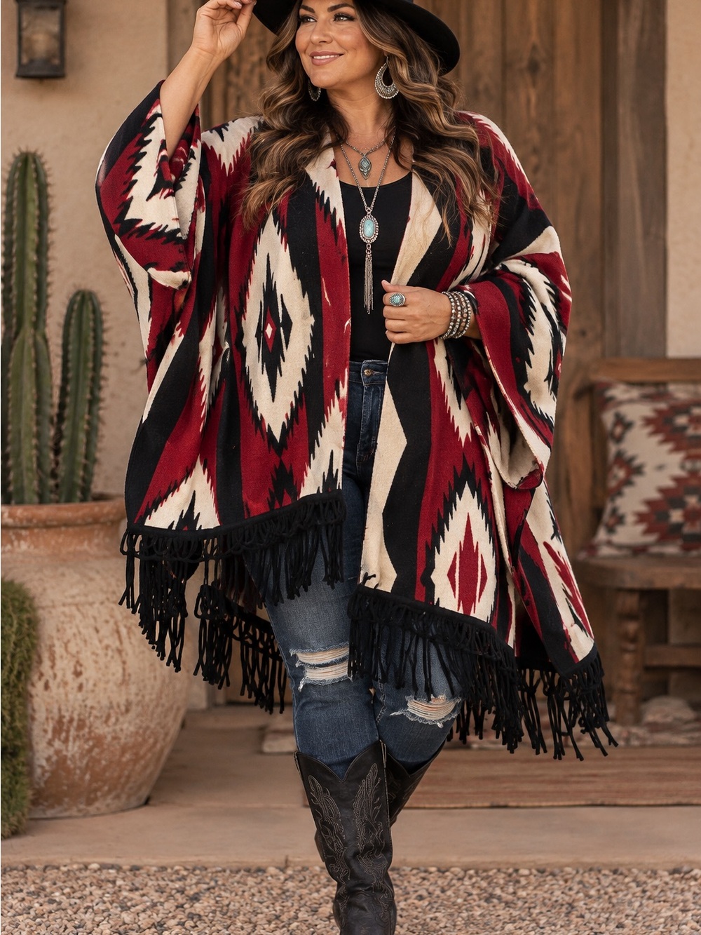 Roaman’s Southwestern Fringe Poncho Red Black White 2X